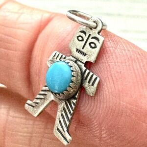 Tiny Navajo Dancer Turquoise Pendant Harvey Era Sterling Charm Native VTG